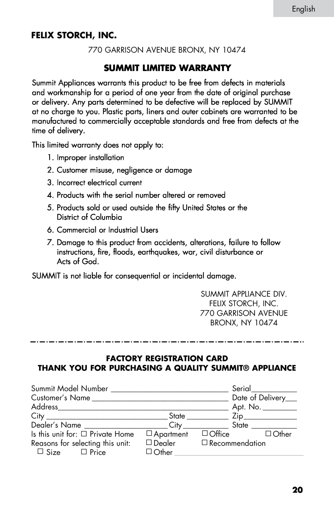 Summit SM900BL, SM900WH user manual Felix Storch, Inc, Summit Limited Warranty, Factory Registration Card 
